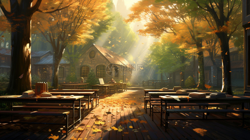 秋天的阳光照在露天教室里图片