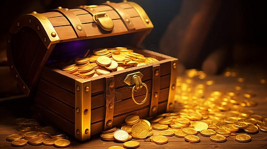 钱箱子打开一个装满金币的盒子。插画
