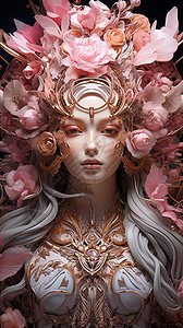 女神雕塑戴着粉红色鲜花头冠的女神插画