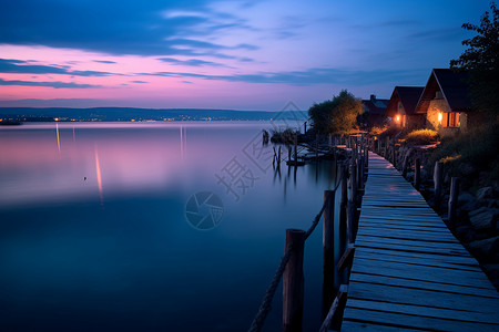 湖畔夕阳余辉的美丽景观背景图片