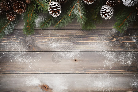 冬日雪花与松果的木质桌面高清图片