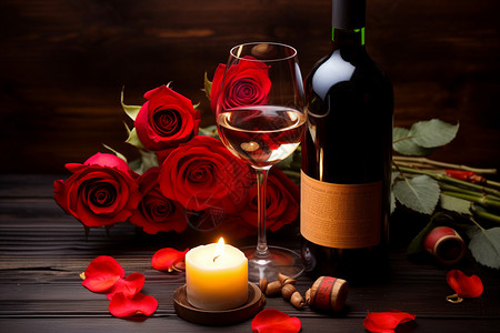 瓶中的玫瑰花海中浪漫的烛光晚餐背景