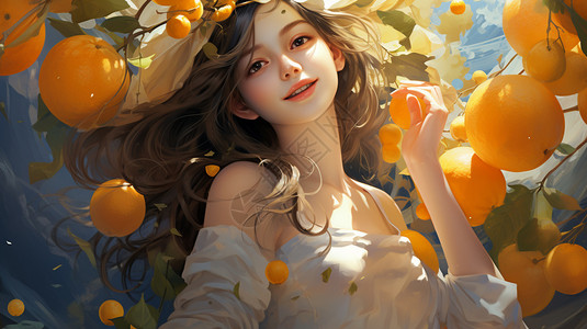 雷波脐橙橙子间的长发女孩插画