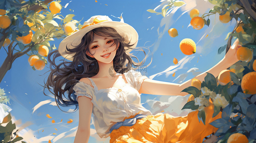 橙园里的女孩图片