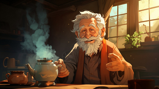 泡茶卡通房间里泡茶的老人插画