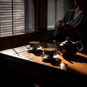 桌子上的茶壶和茶杯图片