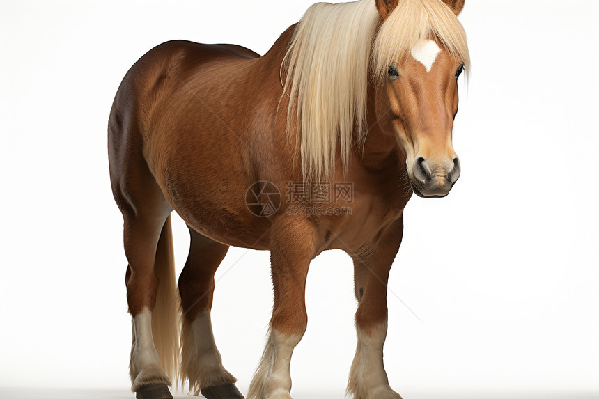一匹棕色的比利时马在白色背景前站立图片