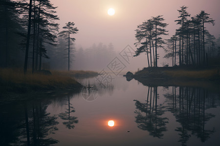 水中迷雾林间夕阳图片