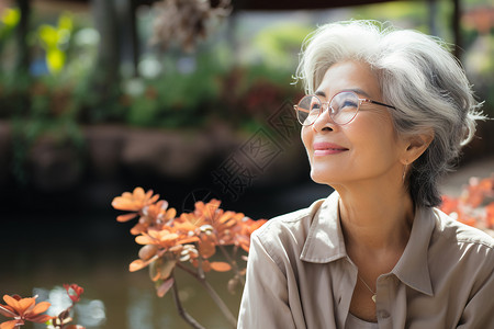 花园里坐着的戴眼镜的女士背景图片