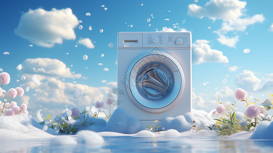 清洗机器清洗衣服的洗衣机插画