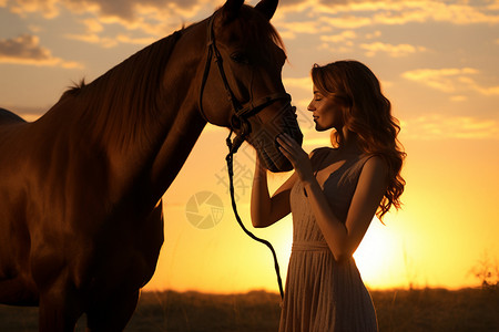 女孩与马水墨画黄昏时分女人与马背景