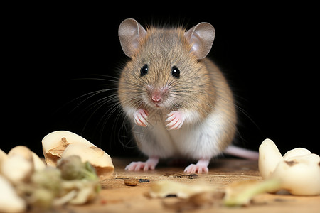 毛茸茸的爪子小白鼠在桌子上被环绕背景