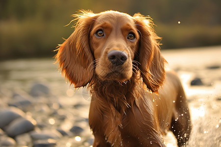 可爱水滴水中站立的狗狗背景