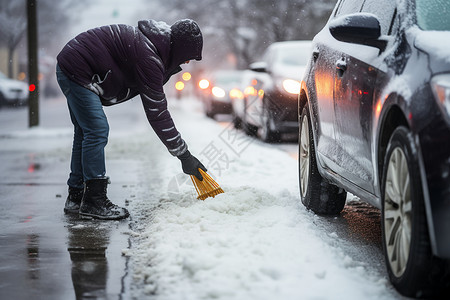 街道中扫雪的男人图片