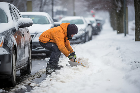 路边扫雪的男人图片