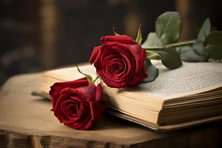 图书与书桌上的两朵玫瑰花背景图片