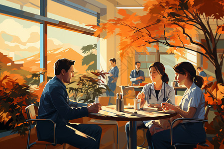 医护人员餐厅用餐的照片。背景图片