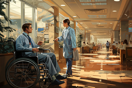 实验室走廊医生和病人在医院走廊中交谈插画