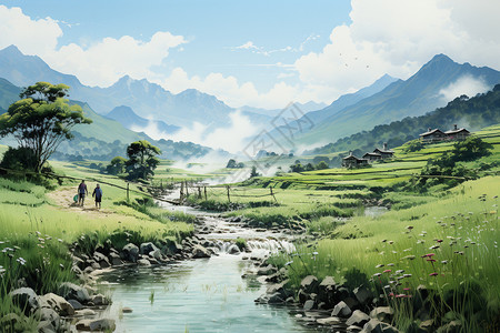 乡村的草地河流图片