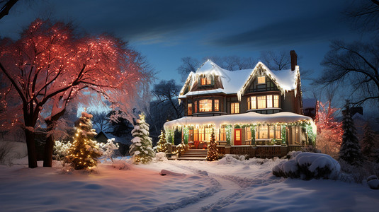 一座有圣诞灯的房子图片