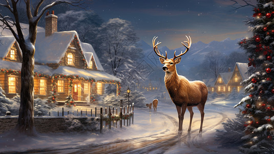 冬季房屋前的麋鹿背景图片