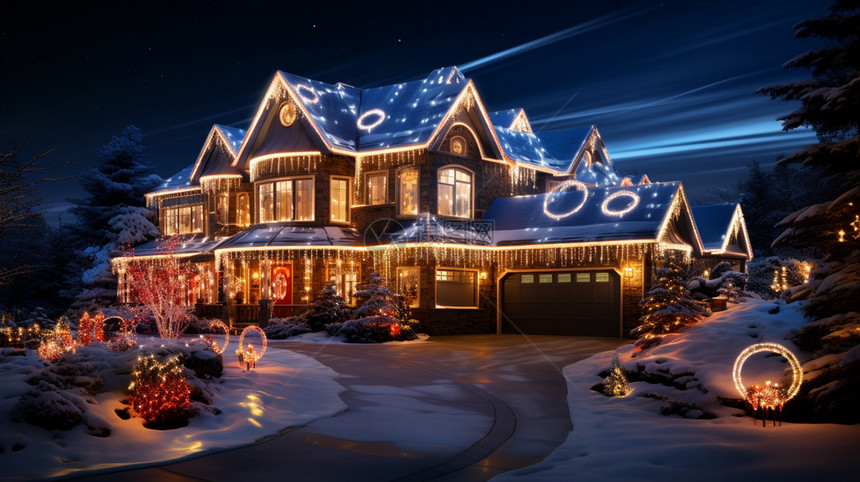 房子在晚上覆盖着圣诞灯和装饰图片