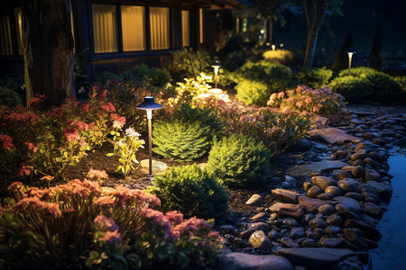植物光照灯光照在花园的景色背景