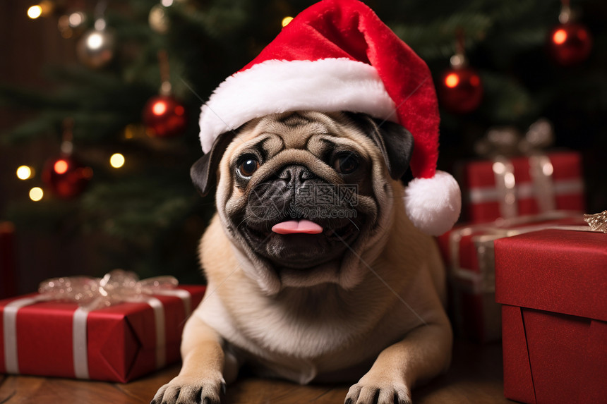 坐在圣诞树和礼盒前的小狗图片