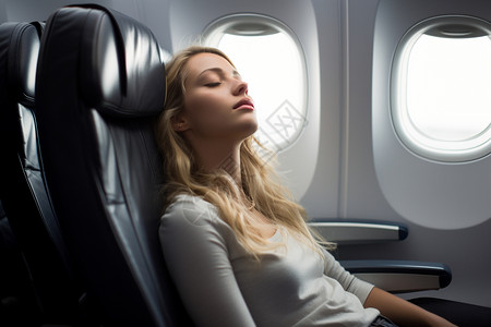 飞机上靠着座椅休息的女士图片