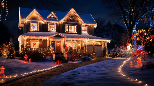 房子在晚上覆盖着圣诞灯和装饰品，车道通向前门和车道，欧内斯特·威廉·圣诞节，发光的灯，数字，最大化背景图片