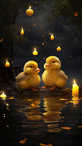 水中鸭黄色的小鸭子在河面上插画
