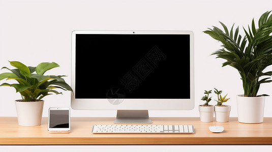 桌子上放着电脑手机绿植背景图片