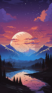 月下景色月光照在湖泊的景色插画