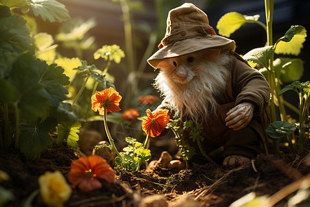 帽子和鲜花花园里的小矮人设计图片