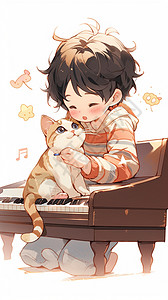 猫和钢琴素材抱着猫的小男孩插画