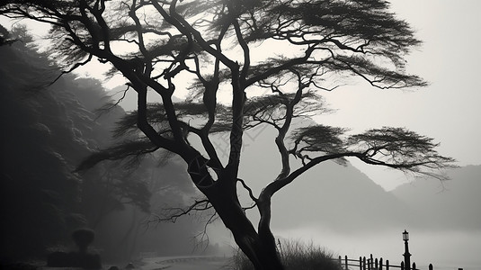 森林树晨雾雾中树木的黑白照片插画