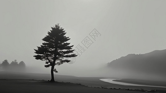 森林树晨雾浓雾中一个孤独的大树插画