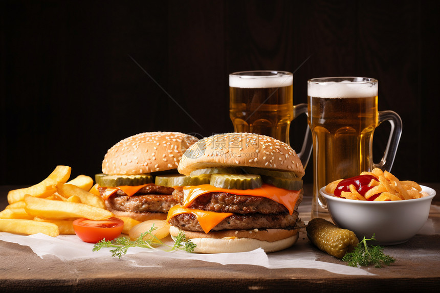 汉堡美食与啤酒图片