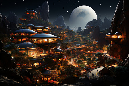 月亮下的小镇背景图片