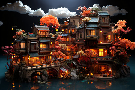 彩绘建筑浮城夜景设计图片