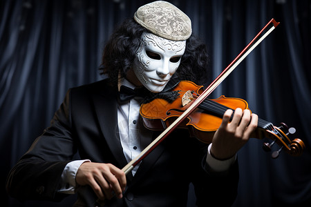 男子小提琴演奏一位戴着白色面具的男子正在表演背景