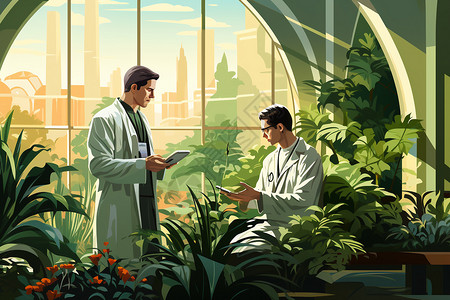 在窗边植物窗边的医生在交谈着插画