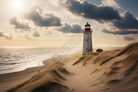 沙滩上孤独的灯塔高清图片