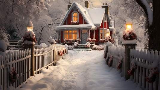 冬季红色房子侧面有白色栅栏背景图片
