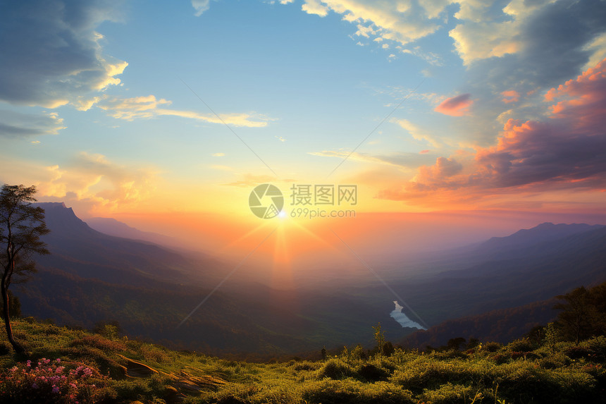 山巅的夕阳景色图片