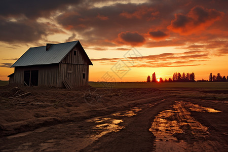 夕阳下的木屋图片