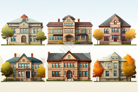法式建筑六座不同建筑风格的房子插画