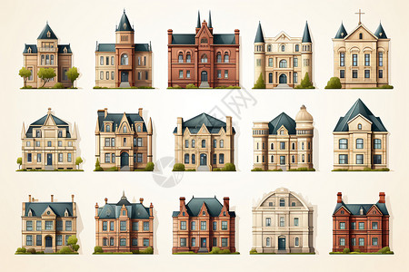 法式建筑不同种类的房子插画