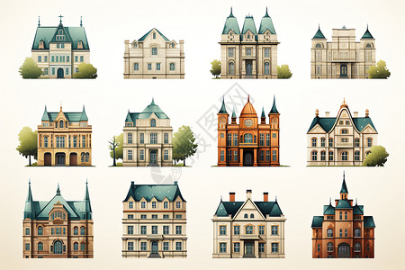 法式建筑不同风格的房子插画