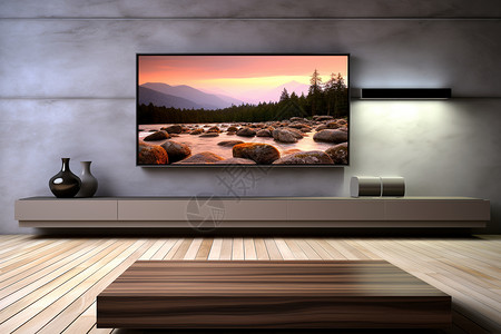 有平面电视和木质地板的起居室高清图片